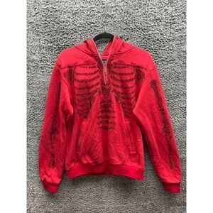 Guapi Cotton-Blend Rhinestone Skeleton 1/4 Zip Pullover Hoodie Red Mens Size S